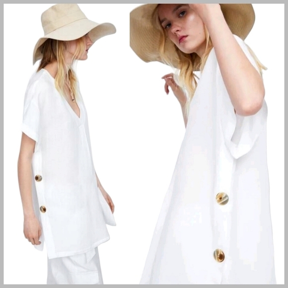 Zara Boho Linen + Viscose Oversized V Neck Tunic Top Size Medium Button Sides - Picture 1 of 10